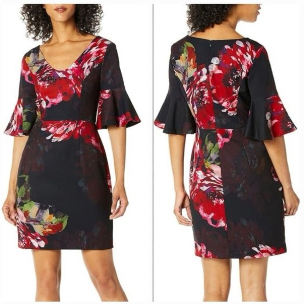 Trina Turk Black Dress Red Floral Sheath Bell Sleeve Cocktail Classy 4